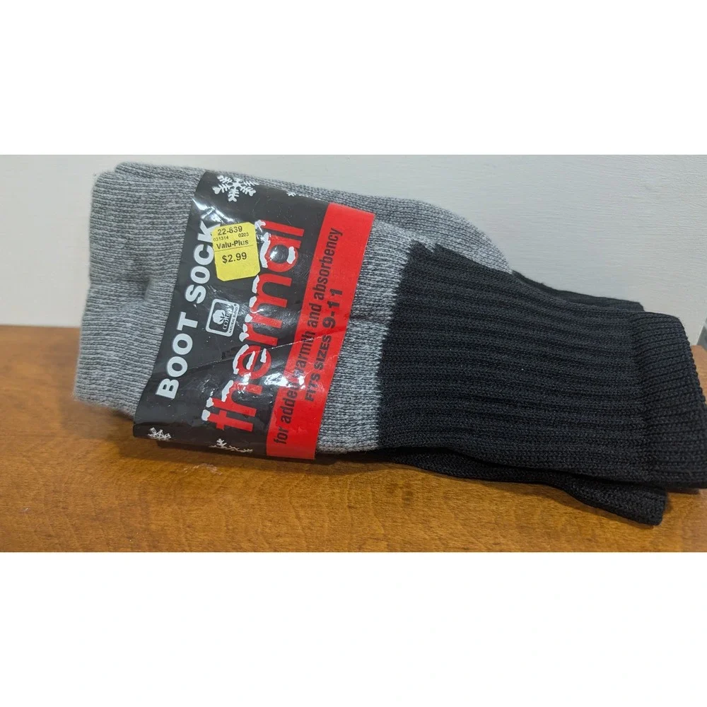 Vintage Thermal Boot Socks Grey Black Cotton Blend Heavy Duty Winter Work 9-11